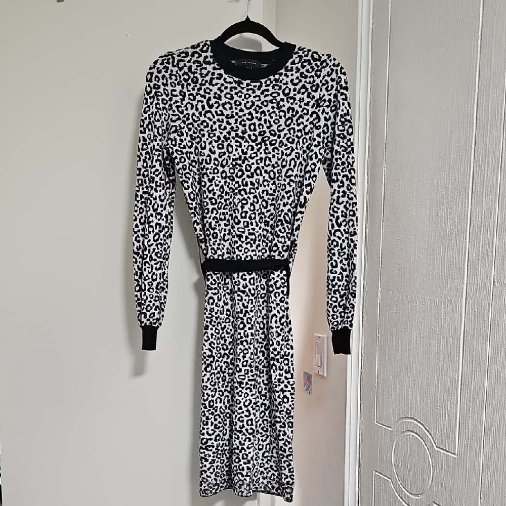 Ann Taylor Animal Print Belted Sweater Dress Black/White XS